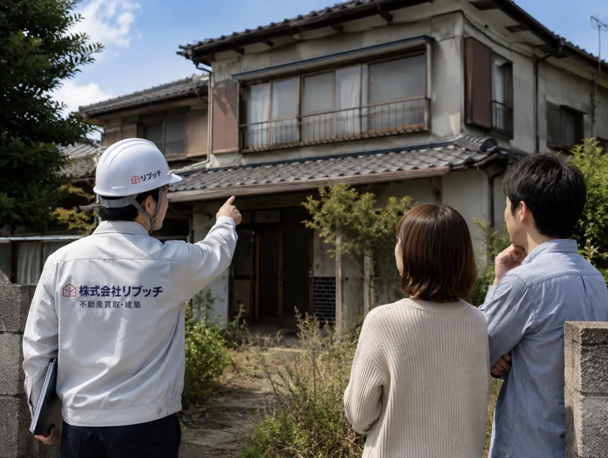 株式会社リブッチのスタッフが、老朽化した空き家の前でご夫婦に現地調査の内容を説明している様子